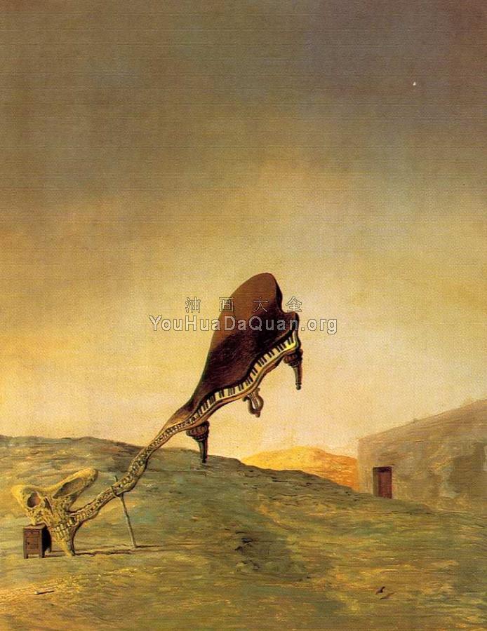 床边桌子上的头骨及附属物 - 萨尔瓦多·达利